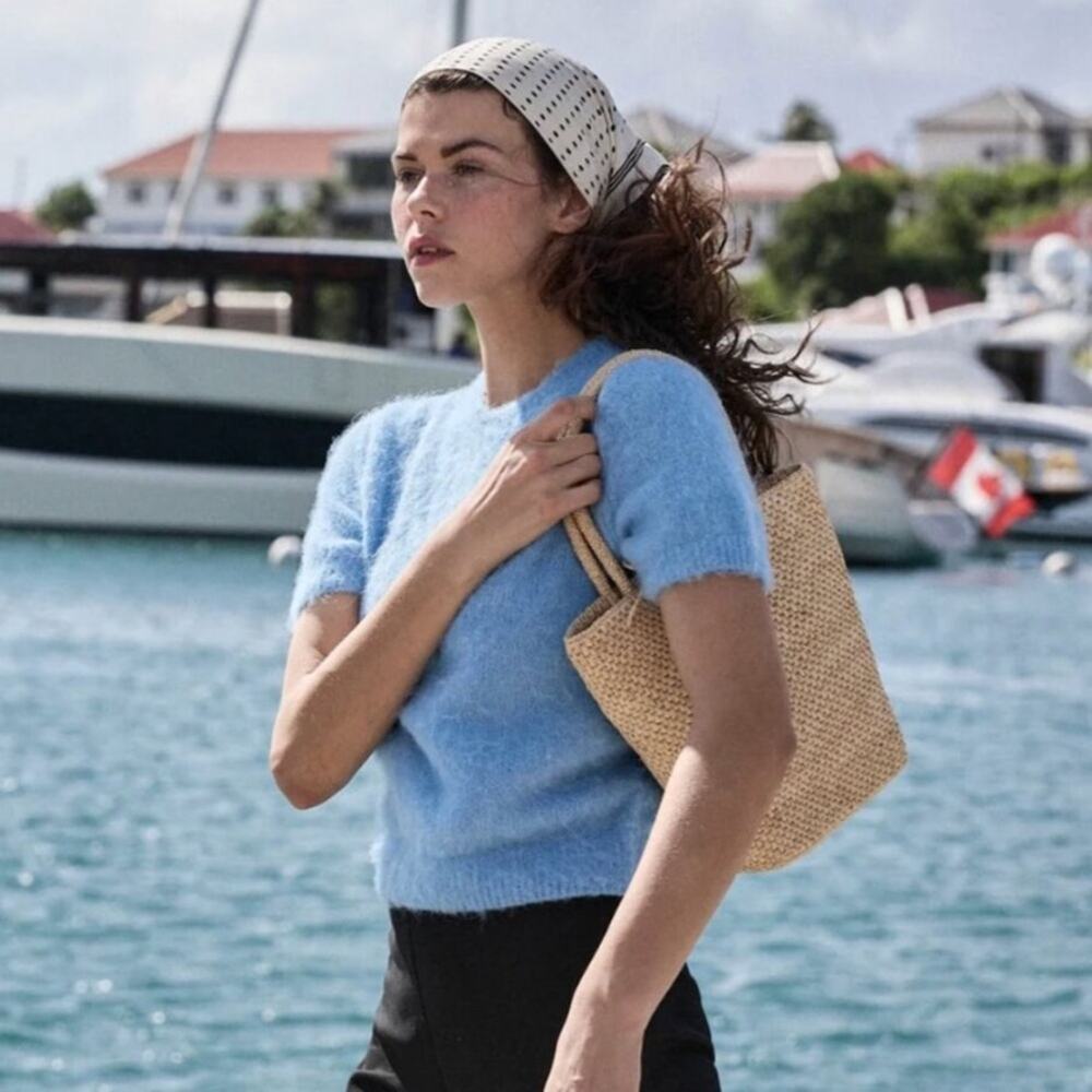 Doen Hearst Alpaca Wool Brushed Puff Short Sleeve Knit Sweater Top Seashore Blue